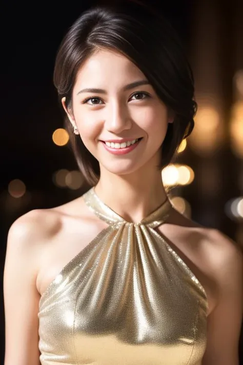 1girl,(wearing a sleeveless glittery dress:1.2),(RAW photo, best quality), (realistic, photo-realistic:1.4), masterpiece, an extremely delicate and beautiful, extremely detailed, 2k wallpaper, Amazing, finely detail, extremely detailed CG unity 8k wallpaper, ultra-detailed, highres, soft light, beautiful detailed girl, extremely detailed eyes and face, beautiful detailed nose, beautiful detailed eyes,cinematic lighting,city lights at night,perfect anatomy,slender body,smiling <lora:matsushitanao_lora:0.8>