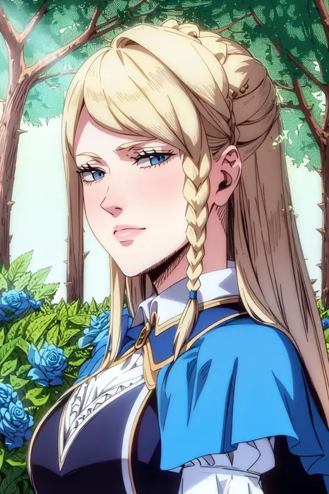 masterpiece, ((ultra detailed background, delicate pattern, intricate detail)), (highly detailed, fine details), best quality, ((medium breasts, slim girl, close-up, portrait)), (complex detailed background, outside, nature environment, trees, sunny, blue sky, sky, cowboy shot), CharlotteRoseleiV1, 1girl, solo, blonde hair, braid, blue eyes, flower, cape, long hair, side braid, blue flower, gloves, thorns, dress, blush,  <lora:CharlotteRoseleiV1:0.7>