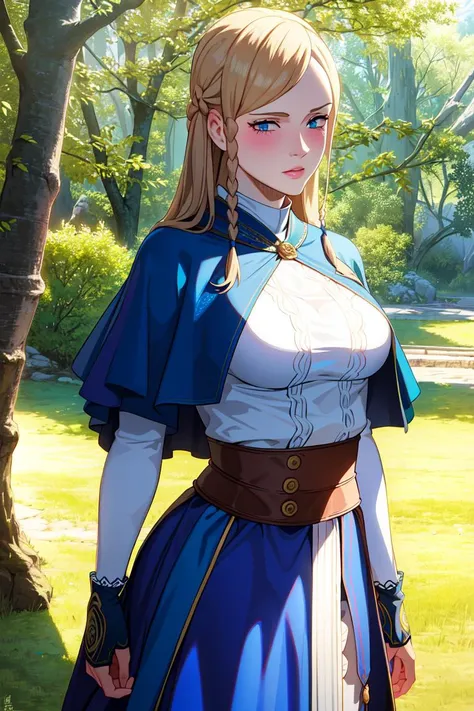 ultra realistic 8k cg, masterpiece, ((ultra detailed background, delicate pattern, intricate detail)), (highly detailed, fine details), best quality, (photorealistic:1.4),beautiful lighting, absurdres, RAW photo, film grain, ((medium breasts, slim girl, cowboy shot)), (complex detailed background, outside, nature environment, trees, sunny, blue sky, sky, cowboy shot), CharlotteRoseleiV1, 1girl, solo, blonde hair, braid, blue eyes, flower, cape, long hair, side braid, blue flower, gloves, thorns, dress, blush, <lora:CharlotteRoseleiV1:0.8>