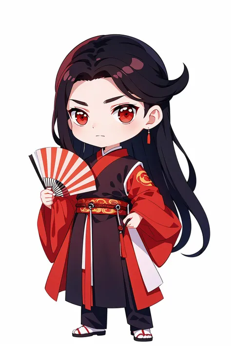 Concept art, original character design, Q version of characters, chibi, 1boy, hand fan, male focus, long hair, solo, white background, chinese clothes, full body, simple background, hanfu, red eyes, standing, wide sleeves, long sleeves, holding fan, holding, looking at viewer, robe, folding fan<lora:qban:0.8>,