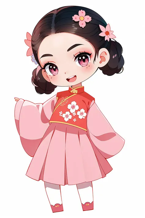 Concept art, original character design, Q version of characters, 1girl, solo, hair bun, double bun, head tilt, hair ornament, white background, flower, hair flower, simple background, chibi, full body, long sleeves, makeup, chinese clothes, smile, standing, open mouth, wide sleeves, brown eyes, looking at viewer, arm at side, skirt, facial mark, eyeshadow, hand up, eyelashes, pink flower, forehead mark, pink skirt,<lora:qban:0.8>,