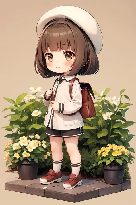 Concept art,original character design,Q version of characters,1girl,solo,brown hair,chibi,brown eyes,bag,hat,bangs,short hair,full body,holding,:3,shorts,shoes,long sleeves,blunt bangs,roma (kancolle),shirt,blush,shoulder bag,socks,<lora:qban:0.4>,garden background background,