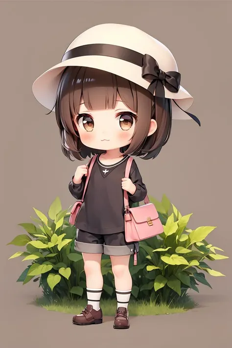Concept art,original character design,Q version of characters,1girl,solo,brown hair,chibi,brown eyes,bag,hat,bangs,short hair,full body,holding,:3,shorts,shoes,long sleeves,blunt bangs,roma (kancolle),shirt,blush,shoulder bag,socks,<lora:qban:0.4>,garden background background,