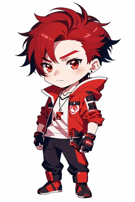 Concept art, original character design, Q version of characters, 1boy, male focus, solo, chibi, red hair, jacket, gloves, fingerless gloves, white background, jewelry, red eyes, pants, hood, hoodie, full body, simple background, necklace, brown eyes, shoes,<lora:qban:0.8>,