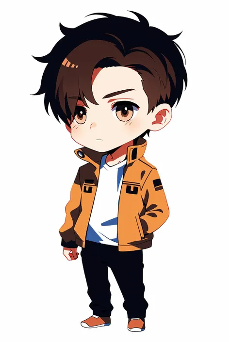 Concept art, original character design, Q version of characters, 1boy, solo, male focus, chibi, brown hair, jacket, white background, simple background, hand in pocket, cigarette, brown eyes, full body<lora:qban:0.8>,