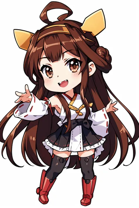 Concept art, original character design, Q version of characters, 1girl, solo, long hair, kongou (kancolle), brown hair, chibi, thighhighs, open mouth, nontraditional miko, hairband, ahoge, smile, detached sleeves, japanese clothes, thigh boots, brown eyes, skirt, boots, hair bun, ribbon trim, double bun, zettai ryouiki, ribbon-trimmed sleeves, :d, simple background, hair ornament, headgear, white background, outstretched arm, bare shoulders<lora:qban:0.8>,