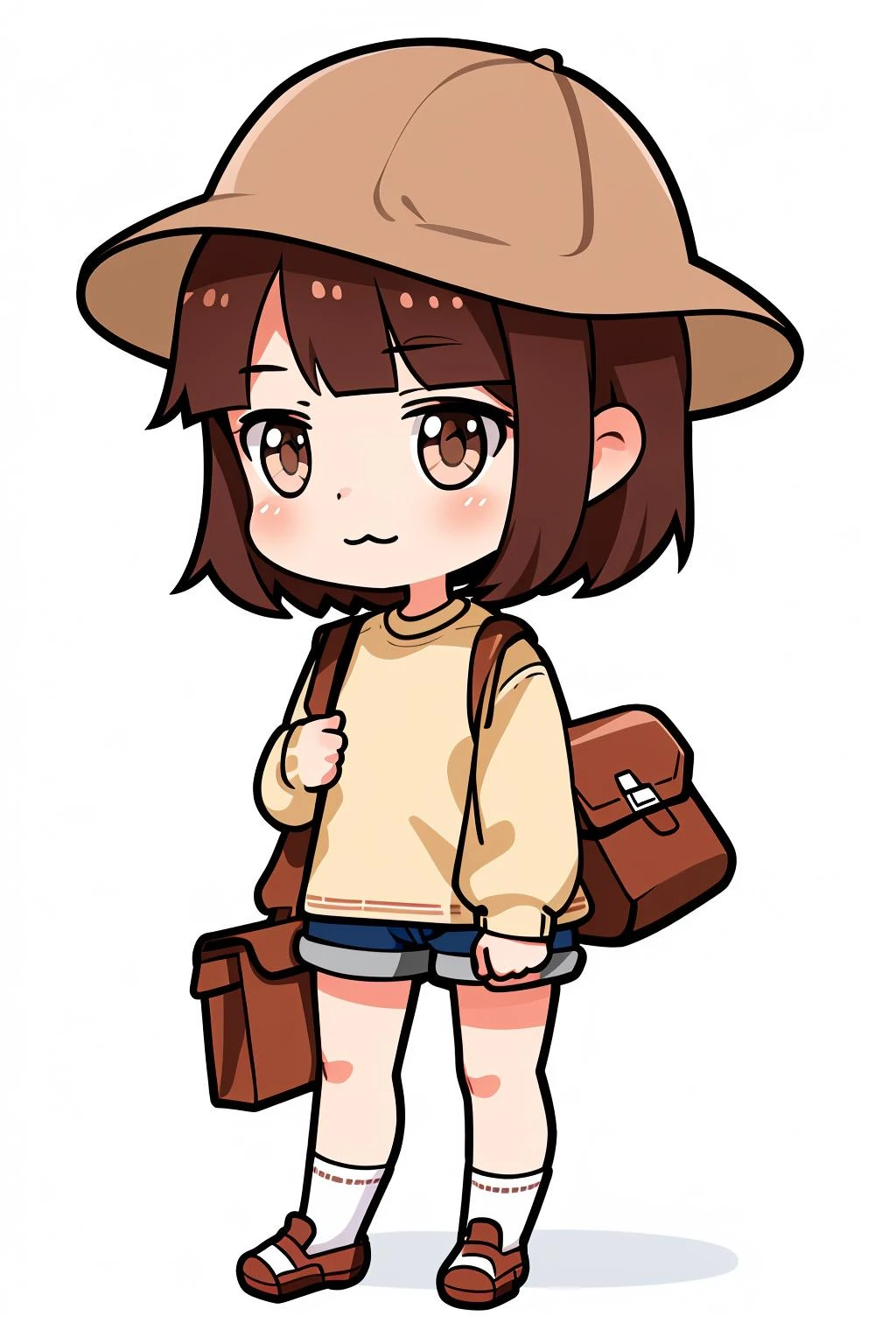 Concept art, original character design, Q version of characters, 1girl, solo, brown hair, chibi, brown eyes, bag, hat, white background, simple background, bangs, short hair, full body, holding, :3, shorts, shoes, long sleeves, blunt bangs, roma (kancolle), shirt, blush, shoulder bag, socks,<lora:qban:0.8>,