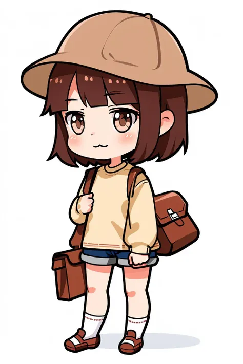 Concept art, original character design, Q version of characters, 1girl, solo, brown hair, chibi, brown eyes, bag, hat, white background, simple background, bangs, short hair, full body, holding, :3, shorts, shoes, long sleeves, blunt bangs, roma (kancolle), shirt, blush, shoulder bag, socks,<lora:qban:0.8>,