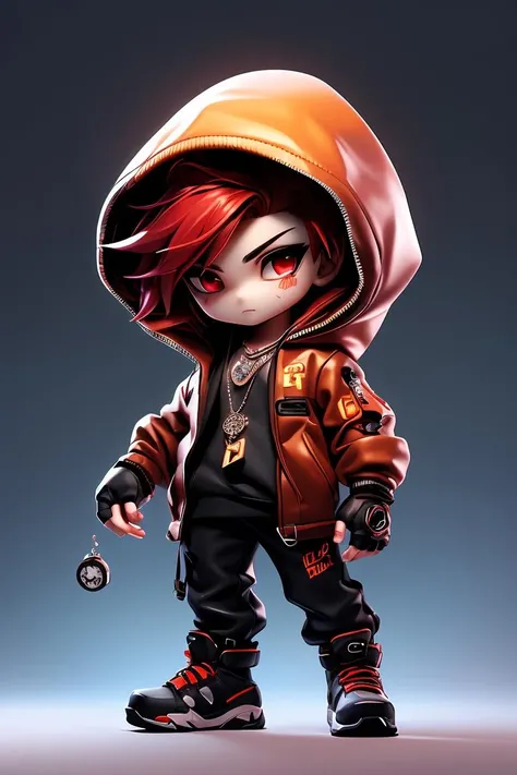 Concept art,original character design,Q version of characters,1boy,chibi,male focus,solo,red hair,jacket,gloves,fingerless gloves,jewelry,red eyes,pants,hood,hoodie,full body,necklace,brown eyes,shoes,<lora:qban:0.65>,cyberpunk city background,