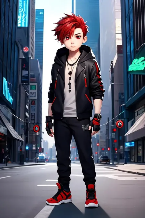 Concept art,original character design,Q version of characters,1boy,chibi,male focus,solo,red hair,jacket,gloves,fingerless gloves,jewelry,red eyes,pants,hood,hoodie,full body,cyberpunk city background,necklace,brown eyes,shoes,<lora:qban:0.65>,