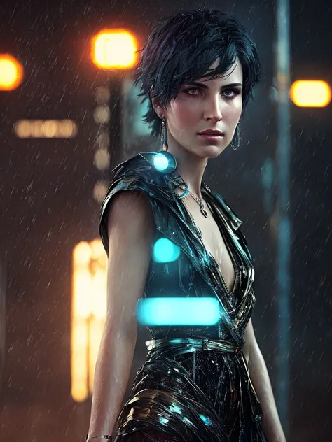 modelshoot style, analog style, (extremely detailed CG unity 8k wallpaper), full shot of beautiful aellagirl wit glowing pink eyes, silver hair, short haircut, night city in background, dystopian night in the background, bright neon lights, raining in background, professional majestic oil painting by Ed Blinkey, Atey Ghailan, Studio Ghibli, by Jeremy Mann. Greg Manchess, Antonio Moro, trending on ArtStation, trending on CGSociety, intricate, high detailed, sharp focus, dramatic, photorealistic by Midjourney and Greg Rutokski