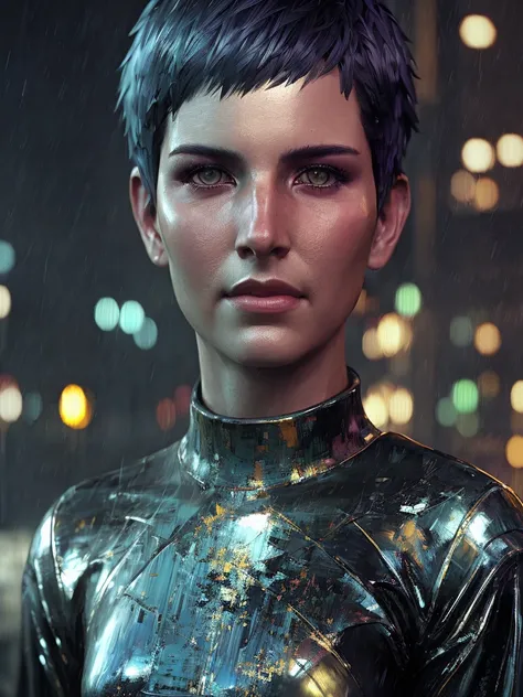 modelshoot style, analog style, (extremely detailed CG unity 8k wallpaper), full shot of beautiful aellagirl wit glowing pink eyes, silver hair, short haircut, night city in background, dystopian night in the background, bright neon lights, raining in background, professional majestic oil painting by Ed Blinkey, Atey Ghailan, Studio Ghibli, by Jeremy Mann. Greg Manchess, Antonio Moro, trending on ArtStation, trending on CGSociety, intricate, high detailed, sharp focus, dramatic, photorealistic by Midjourney and Greg Rutokski