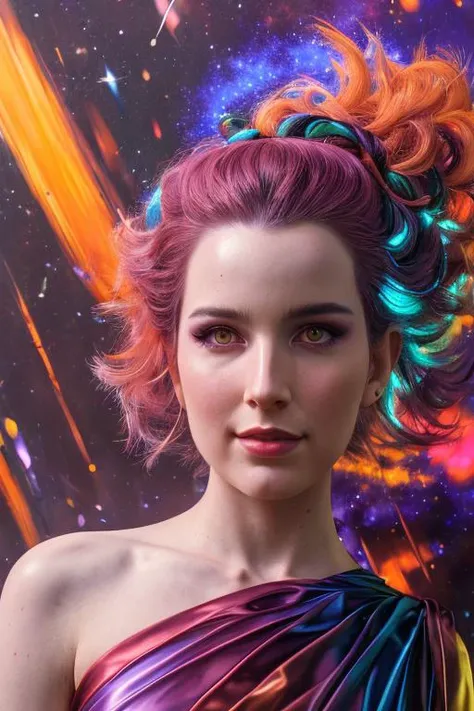 modelshoot style, (extremely dertailed CG unity 8k wallpaper),  render of beautiful aellagirl, red head purple hair, private school uniform, cosmic energy background, galaxy explosion in the background, bright neon lights, professional majestic oil painting by Ed Blinkey, Atey Ghailan, Studio Ghibli, by Jeremy Mann. Greg Manchess, Antonio Moro, trending on ArtStation, trending on CGSociety, intricate, high detailed, sharp focus, dramatic, photorealistic painting art by Midjourney and Greg Rutokski