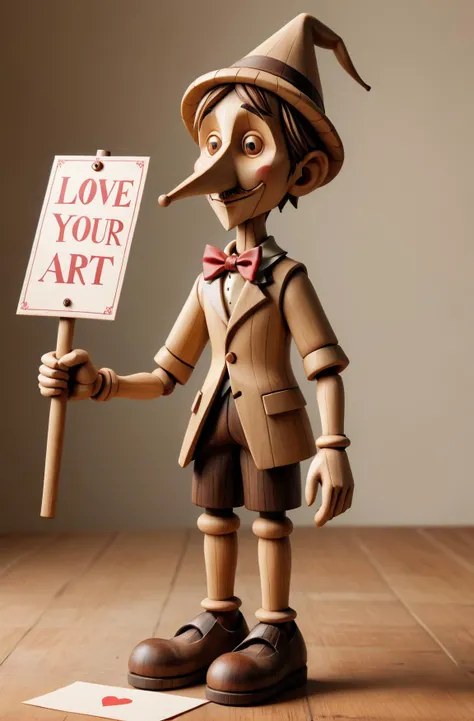 woodfigurez, (Pinocchio:1.5), wooden marionette boy with a really (long nose:1.5), ebony and maple, holding a paper sign that says "LOVE YOUR ART" <lora:woodfigurez:1>