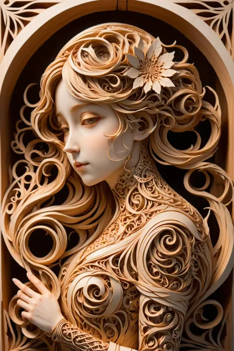 woodfigurez mural of a woman, in the style of aaron horkey, in the style of aphonse mucha  <lora:add-detail-xl:1>  <lora:woodfigurez:1> <lora:papercut:1> papercut, (masterpiece:1.2), best quality, (hyperdetailed, highest detailed:1.2), high resolution textures, <lora:EnvyBetterHiresFixXL01:1>