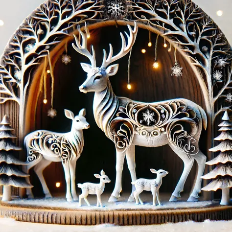 a cute winter scene,fawn,manger,forest,woodfigurez,<lora:woodfigurez-sdxl:1>,<lora:add-detail-xl:1>,<lora:SDXLFrosted:1>,