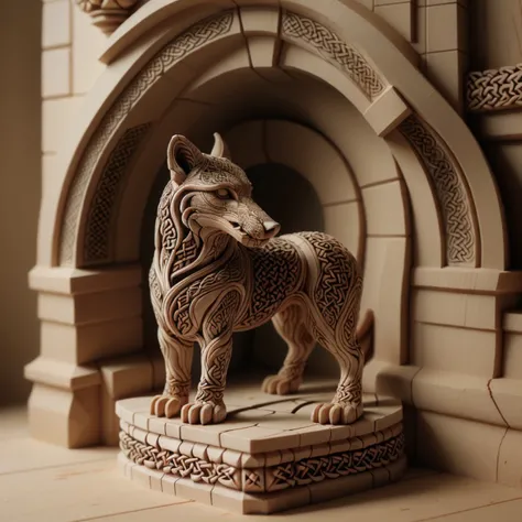 A closeup shot of an intricately carved wolf figurine on a marble fireplace mantel, richly embellished with (celtic knotwork:1.3) and lit from underneath with the warm light of a hearthfire. (woodfigurez:1.2), closeup shot, masterpiece wood carving, wolf carved out of big block of wood, (snaidhm:1.5), detailed carving (painted with varnish colors:1.2), artistic style <lora:Wood Figure Style:0.9>, <lora:Celtic_Knotwork:1.5>