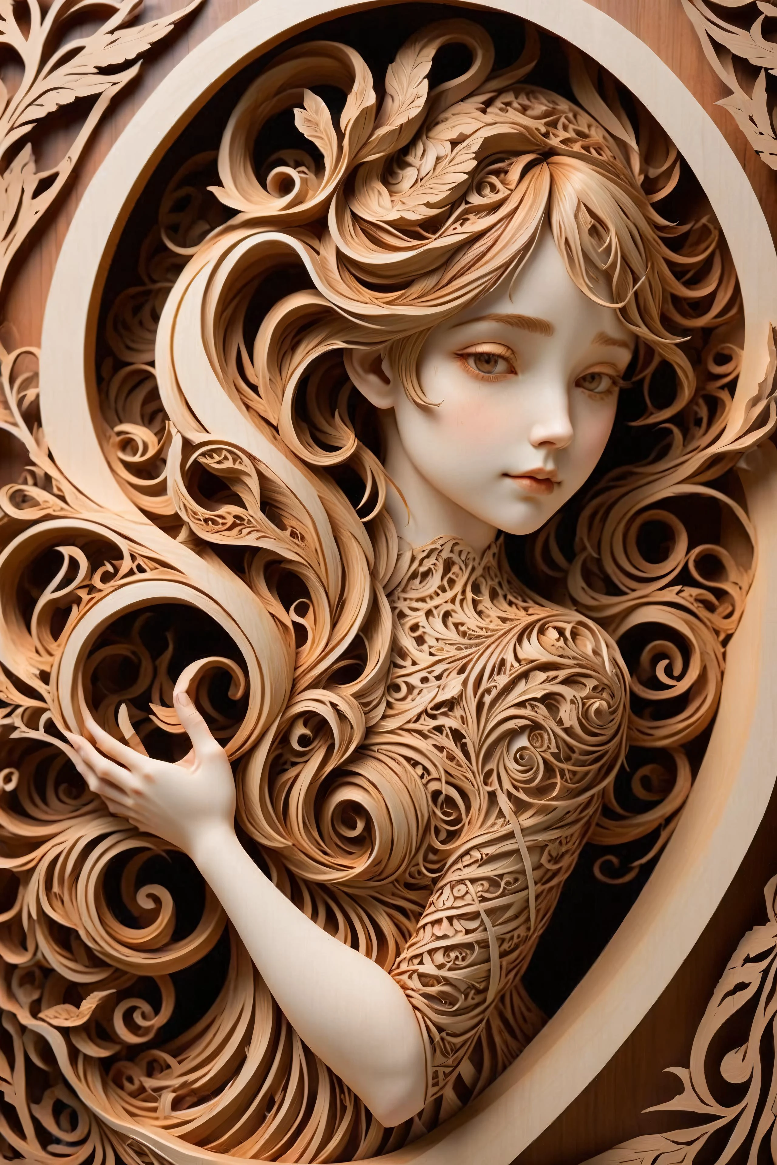 woodfigurez mural of a woman, in the style of aaron horkey, in the style of aphonse mucha <lora:add-detail-xl:1> <lora:woodfigurez:1> <lora:papercut:1> papercut, (masterpiece:1.2), best quality, (hyperdetailed, highest detailed:1.2), high resolution textures, <lora:EnvyBetterHiresFixXL01:1>