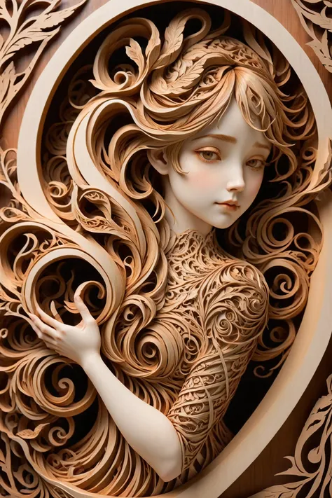 woodfigurez mural of a woman, in the style of aaron horkey, in the style of aphonse mucha  <lora:add-detail-xl:1>  <lora:woodfigurez:1> <lora:papercut:1> papercut, (masterpiece:1.2), best quality, (hyperdetailed, highest detailed:1.2), high resolution textures, <lora:EnvyBetterHiresFixXL01:1>