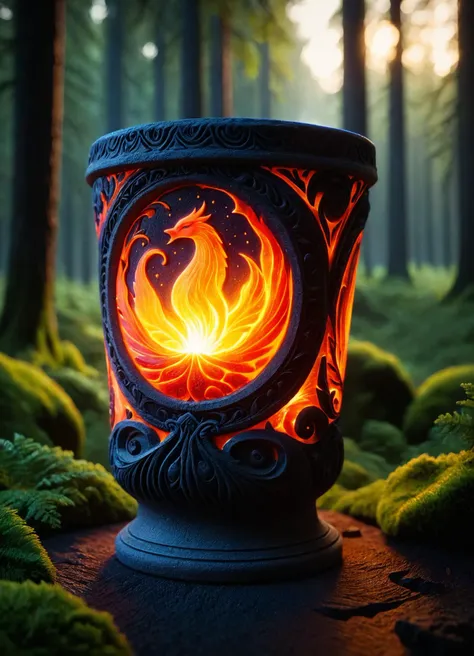 cinematic film still of luminescent hkmagic,  stone cup with 3D carvings, woman theme with forest background, decorated with glowing fire accents, masterpiece of art, visually stunning, intricate details, sharp focus, 55mm f/ 1.8 lens, depth of field, natural daylight <lora:add-detail-xl:0.8>  <lora:woodfigurez:0.66> woodfigurezr (((lava, api biru))), from luminescent, (fire:1.5), shallow depth of field, vignette, highly detailed, high budget, bokeh, cinemascope, moody, epic, gorgeous, film grain, grainy <lora:sss:0.8> <lora:ral-lava-sdxl:0.58> ral-lava <lora:zavy-flrscnc-sdxl:0.75> zavy-flrscnc, fluorescent dust, glowing dust