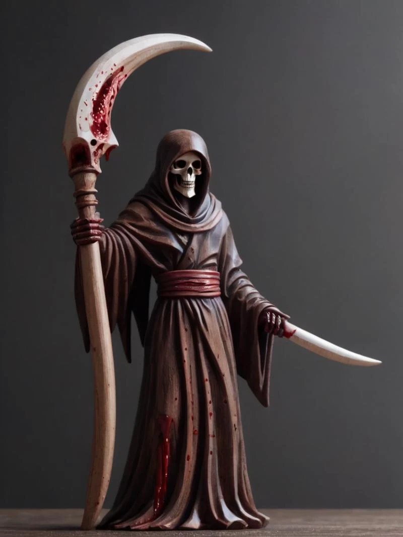 woodfigurez, wooden figure, father death, holding a huge sickle, with blood on it, dark background, backroom light <lora:woodfigurez-sdxl:0.6>