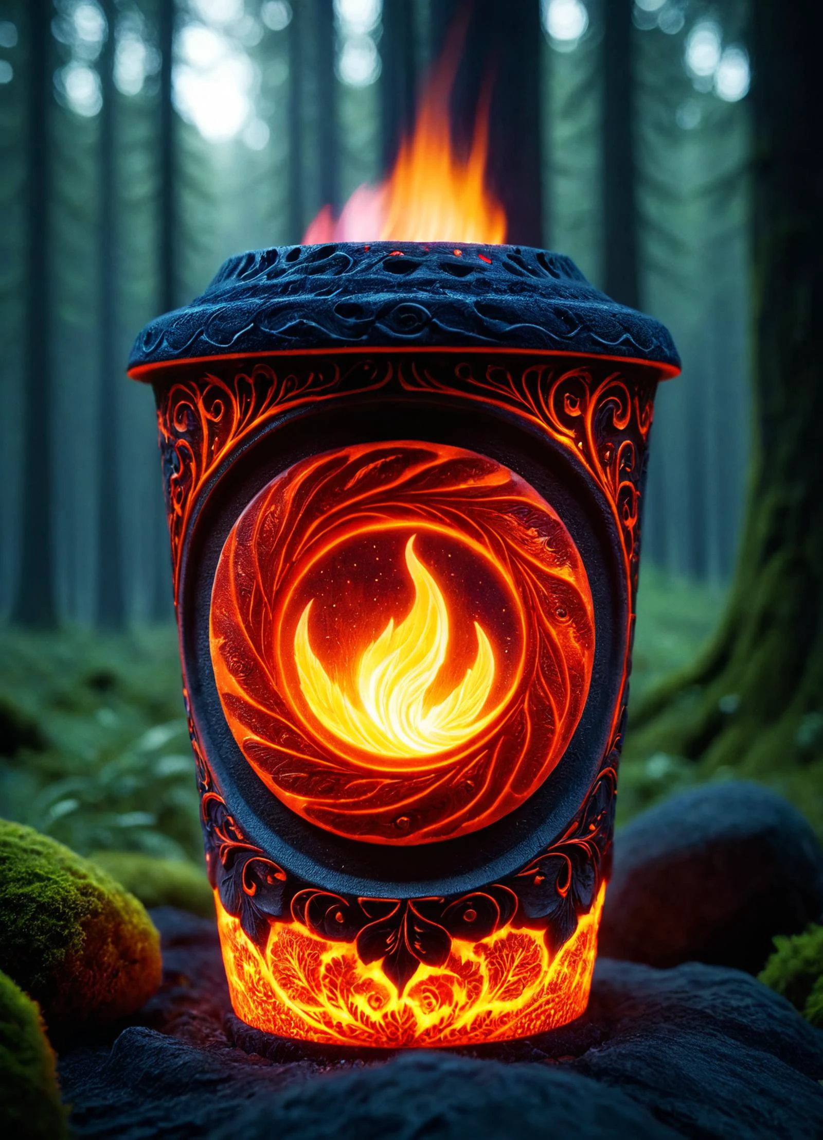 cinematic film still of luminescent hkmagic, stone cup with 3D carvings with woman theme, forest background, decorated with glowing fire accents, masterpiece of art, visually stunning, intricate details, sharp focus, 55mm f/ 1.8 lens, depth of field, natural daylight <lora:add-detail-xl:0.8> <lora:woodfigurez:0.66> woodfigurezr (((lava, api biru))), from luminescent, (fire:1.5), shallow depth of field, vignette, highly detailed, high budget, bokeh, cinemascope, moody, epic, gorgeous, film grain, grainy <lora:sss:0.8> <lora:ral-lava-sdxl:0.58> ral-lava <lora:zavy-flrscnc-sdxl:0.75> zavy-flrscnc, fluorescent dust, glowing dust