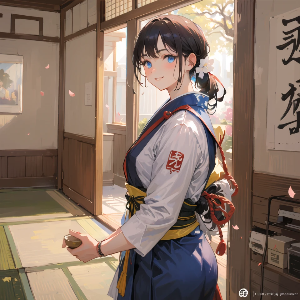 ((masterpiece,ultra-detailed, intricate details, best quality,illustration)),1girl, solo, highres, looking at viewer, blue eyes, black hair, long hair, side ponytail, smiling, wearing traditional Japanese clothing, hakama, uwagi, geta, holding a katana sword, in a Japanese garden, sakura tree, petals falling, shoji door, sunlight shining through, warrior pose, confident expression, heroic, strong, feminine, muscular female, butt, traditional, Japanese culture, Eastern aesthetics, elegant, beautiful, detailed, vibrant colors, high contrast, dynamic lighting, realistic textures, traditional painting style, illustration aesthetic, by Kenne Gregoire