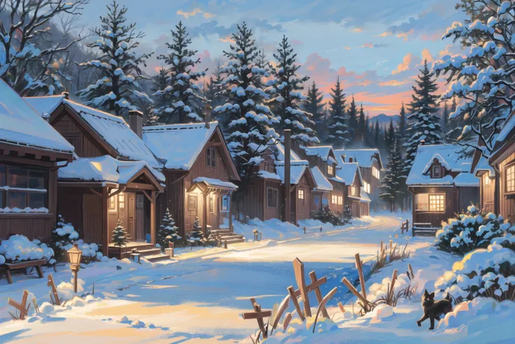 ((masterpiece, best quality)), a vast and fantastical landscape stretching out into the distance, cozy village, wood, winter, snow, kitten