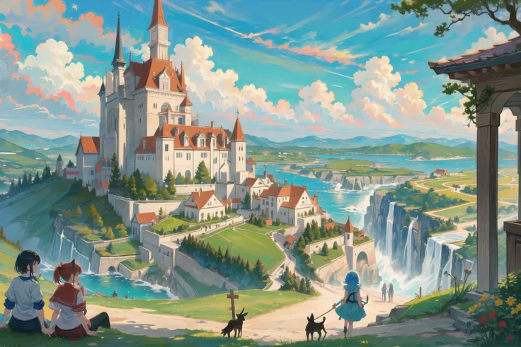 ((masterpiece, best quality)), multiple girls,with a vast and fantastical landscape stretching out behind them, In the distance, there are towering castles and spires,