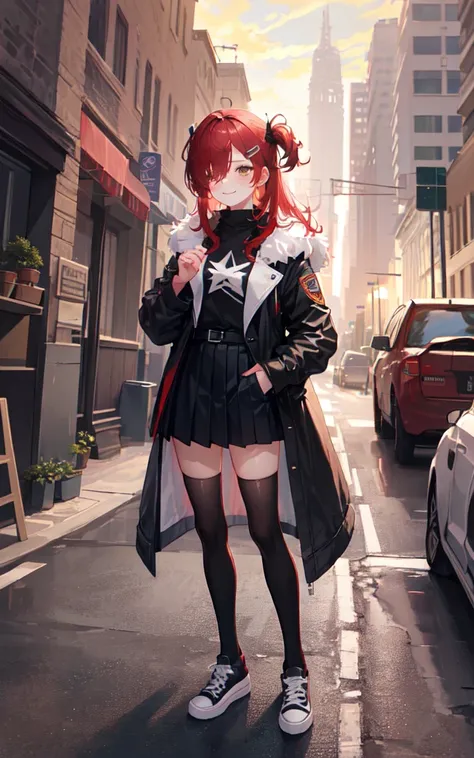 solo, 1girl, smile, standing, hand in pocket, long red hair, hair over one eye, hairclip, brown eyes, fur-trimmed coat, black shirt, pleated skirt, kneehighs, converse shoes, sunset, cityscape, full body, best quality, perfect anatomy, highres, absurdres, extremely detailed CG unity 8k wallpaper