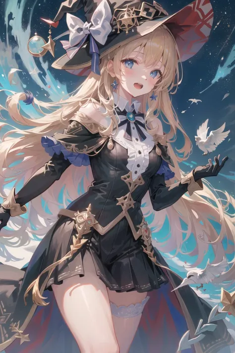 ((masterpiece:1.2, best quality)), 1girl, solo, (witch hat), blonde hair, long hair, dress, aurora, night, gloves, starry night, white dress, night sky, open mouth, starry sky, blue eyes, ribbon, very long hair, red dress, smile, hair ribbon, cape, blue hair, (bird), magic, casting spell, night, by Francesco Filippini