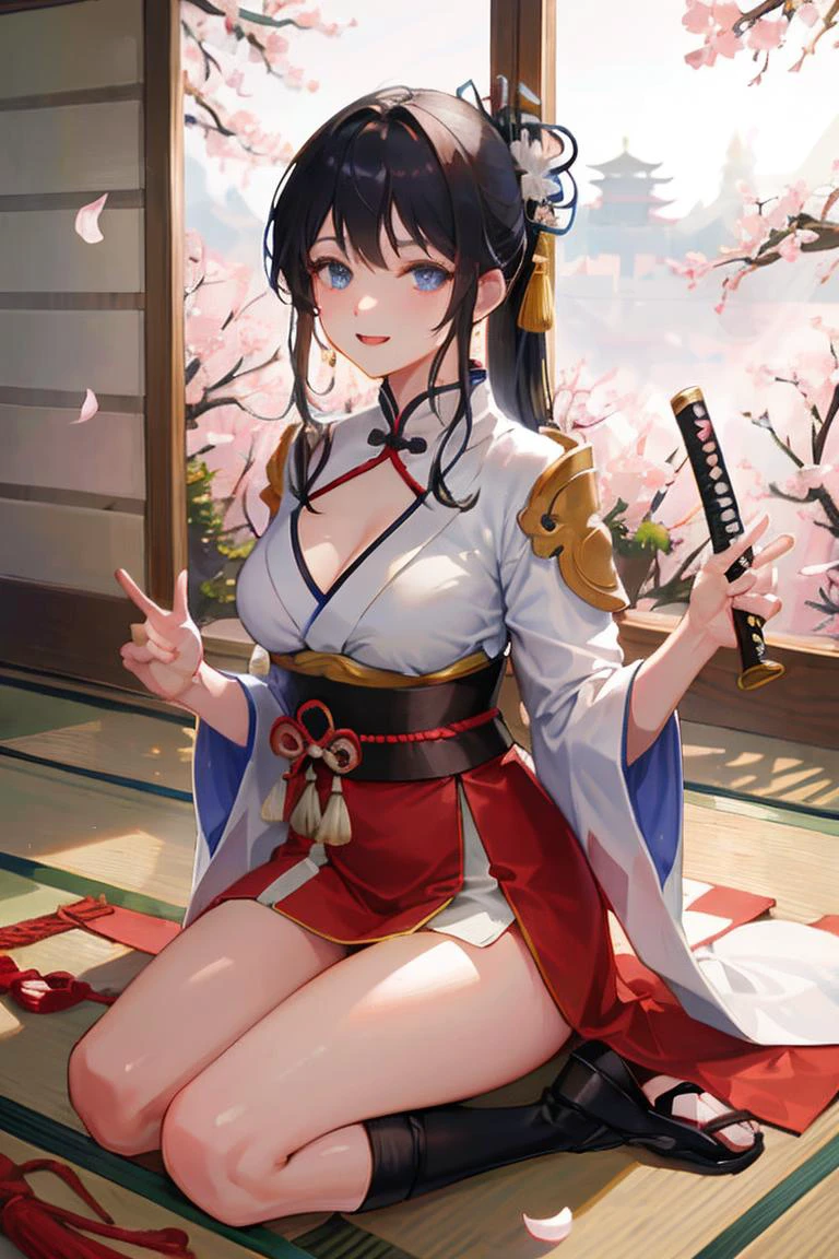 ((masterpiece,ultra-detailed, intricate details, best quality,illustration)),1girl, solo, highres, looking at viewer, blue eyes, black hair, long hair, side ponytail, smiling, wearing traditional Japanese clothing, chinese dress, large breasts, cleavage, geta, holding a katana sword, in a Japanese garden, sakura tree, petals falling, shoji door, sunlight shining through, warrior pose, confident expression, heroic, strong, feminine, empowered, traditional, Japanese culture, Eastern aesthetics, elegant, beautiful, detailed, vibrant colors, high contrast, dynamic lighting, realistic textures, traditional painting style, illustration aesthetic