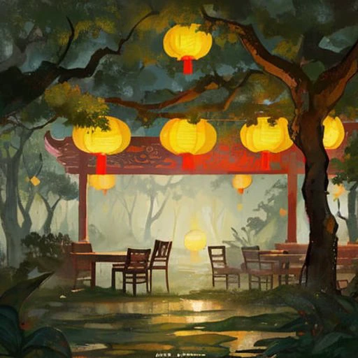 magical tea shop, hanging chinese lanterns, in a deep lush forest, rain, foggy overcast, night time, gloomy, beautiful, atmospheric, 2d art, 2d render, splash art, digital art, hard shading