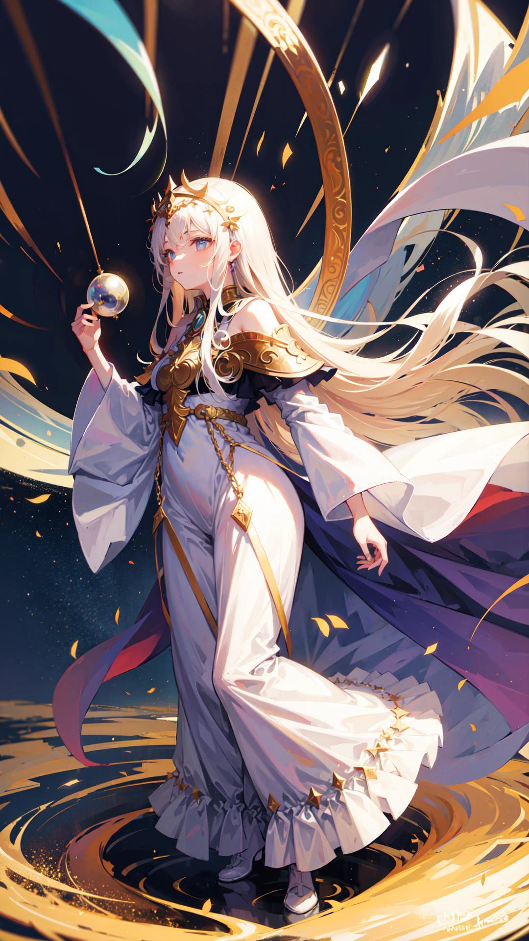 ((absurdres, masterpiece)) oasis, illustration, dream, surreal background, floating, long flowy hair, universe, alternate dimension, godly, mythical, heavenly, extravagant outfit , long dress