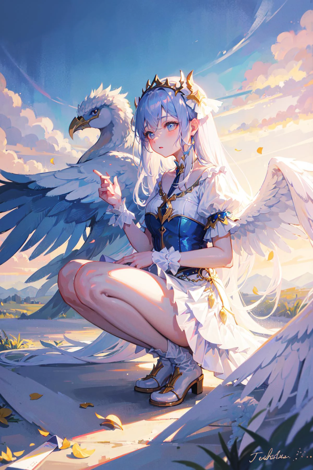 ((best quality, masterpiece, absurdres)) Wings of Wonder, Close-up, Pastel, (Blue:1.1), 1 Girl, Majestic Feathered Wings, Whimsical Background, Soft Lighting, Graceful Poses, Fantasy Attire