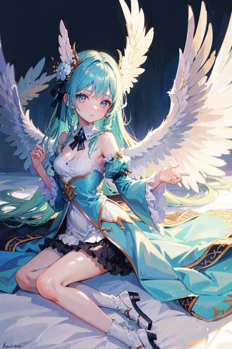 ((best quality, masterpiece, absurdres)) Wings of Wonder, Close-up, Pastel, (Blue:1.1), 1 Girl, Majestic Feathered Wings, Whimsical Background, Soft Lighting, Graceful Poses, Fantasy Attire