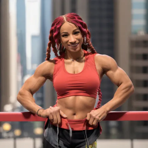 ((masterpiece, best quality)), ((Sasha Banks)) in her ((((casual tank top:1.1)))), ((red braided hair)), smiling at the camera, high quality, high detail, full body view, photographed by Annie Leibowitz, colored, ((centered view)), (((in the city))), 4k, UHD<lora:Sasha Banks:1>