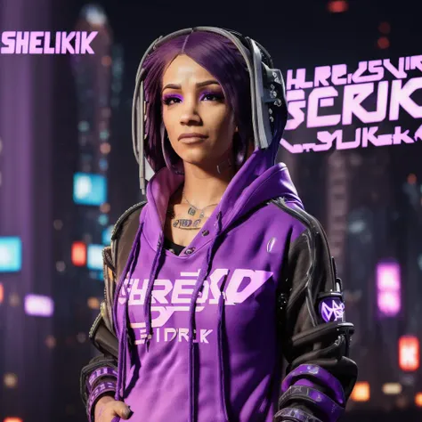 Sasha Banks with (((purple hair))), (((wearing a hoodie))), ((((cyberpunk background)))), 4K, f/1.8, (((full body view))), <lora:Sasha Banks:1>