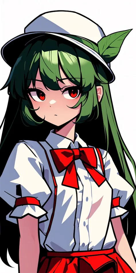 simple_background, very_long_hair, shirt, plus2sf, puffy_sleeves, leaf, white_shirt, 1girl, red_eyes, bowtie, unworn_headwear, puffy_short_sleeves, sidelocks, red_bowtie, (touhou:1.1), solo, unworn_hat, cropped_torso, black_headwear
<lora:bee:0.7>