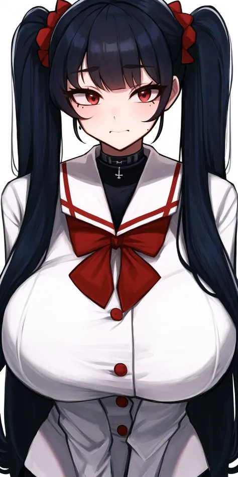 grey_bowtie, hair_ornament, grey_bow, black_sailor_collar, mole, shirt, twintails, happy_birthday, solo, red_scrunchie, scrunchie, closed_mouth, low_twintails, pale_skin, hatena_\(hatenahana0807\), shadow, (long_hair:1.2), red_eyes, jewelry, hair_scrunchie, curvy,gigantic breasts,huge
<lora:peach:0.5>