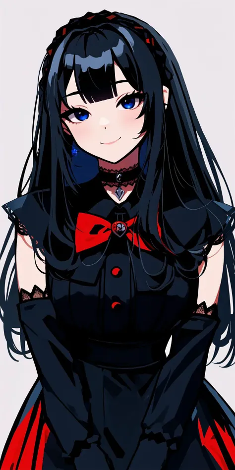 smile, dress, black_eyeliner, virtual_youtuber, bow, lace_choker, black_gloves, gloves, black_bow, eyeliner, (red_brooch:1.2), blue_eyes, gothic_****ta, blunt_bangs, lace, black_choker, mile_\(off8mile\), long_hair, simple_background
<lora:bee:0.7>