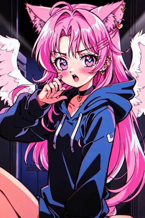 RetroAnime Style, 1girl, solo, long hair, looking at viewer, blush, open mouth, bangs, blue eyes, hair ornament, animal ears, jewelry, pink hair, ahoge, heart, wings, choker, hairclip, fang, cat ears, pink eyes, :o, animal ear fluff, sleeves past wrists, hoodie, piercing, cat girl, ear piercing, sleeves past fingers, retro artstyle, black hoodie, 1990s (style), foreshortening, cinematic angle, cinematic lighting, masterpiece, best quality , official art , <lora:RetroAnime:0.8>