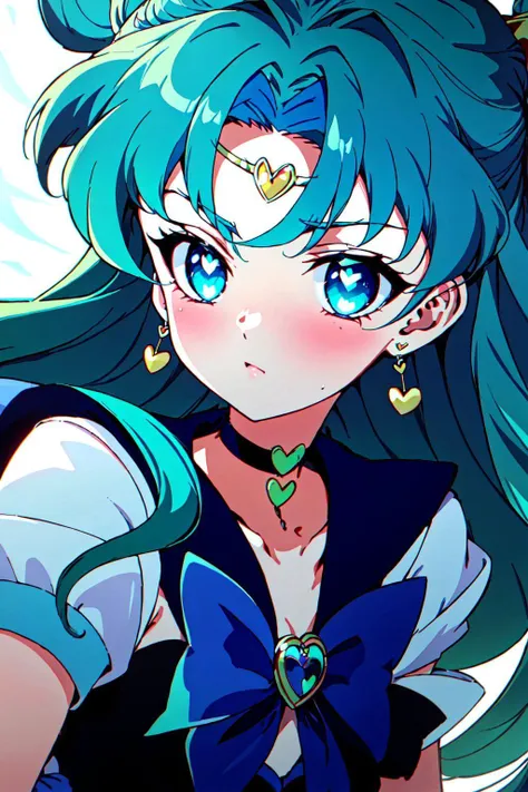 RetroAnime Style, 1girl, solo, long hair, blue eyes, gloves, bow, jewelry, blue hair, upper body, heart, earrings, green hair, choker, white gloves, sailor collar, aqua hair, blue bow, magical girl, tiara, blue sailor collar, brooch, circlet, sailor senshi uniform, heart brooch, foreshortening, cinematic angle, cinematic lighting, masterpiece, best quality , official art , <lora:RetroAnime:0.8>