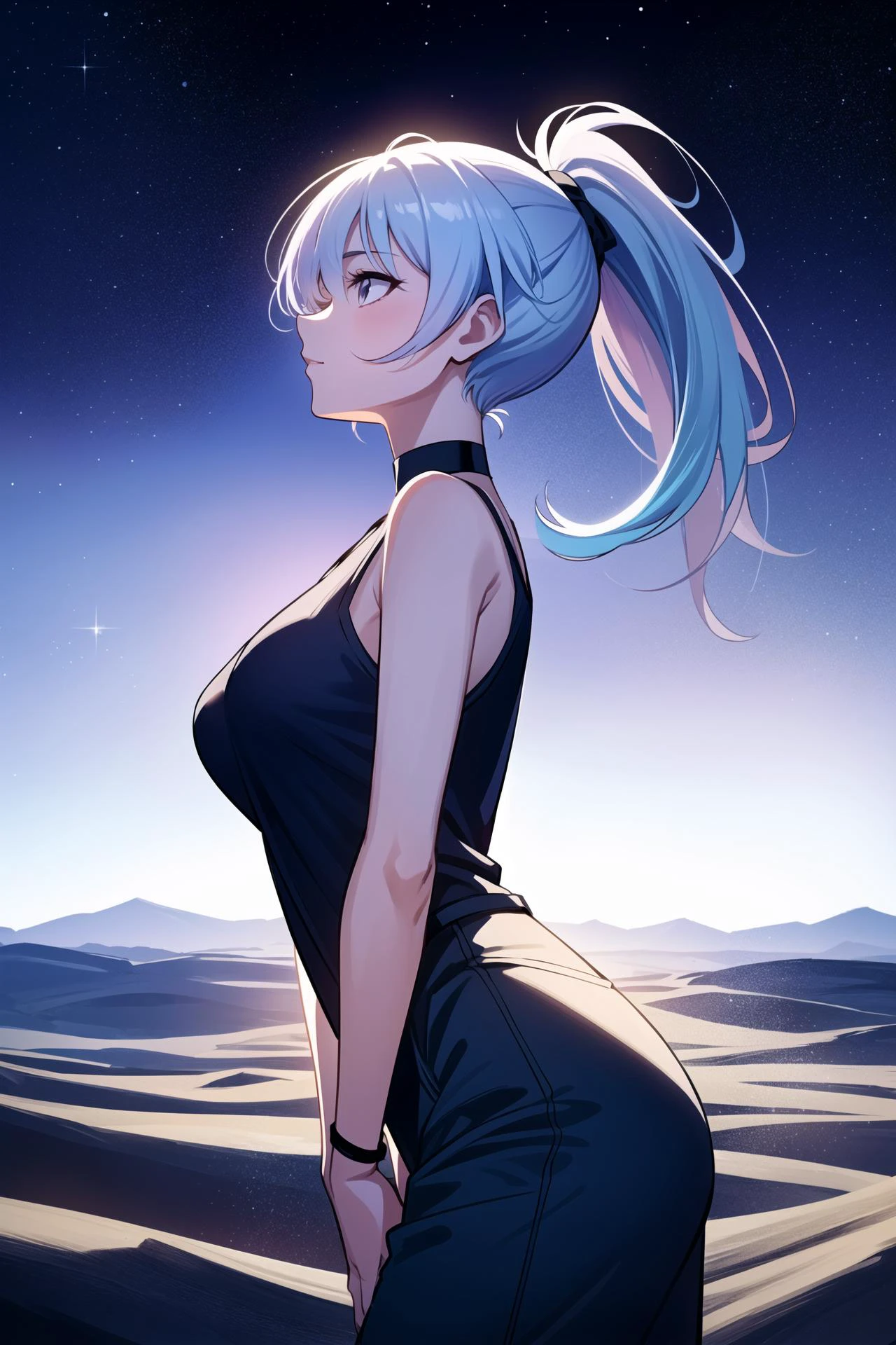 Wide drawing of a girl with pearly white hair, gazing forward, amidst a scene of a vast desert with oases that sparkle under the stars, girl as the central focus, She should have long, light blue hair and wear a tank top and cropped pants. Additionally, she should be wearing a choker as an accessory, The background should complement the character's beauty and style, perhaps with a serene and dreamy landscape, soft pastel colors, and subtle lighting to enhance the overall aesthetic