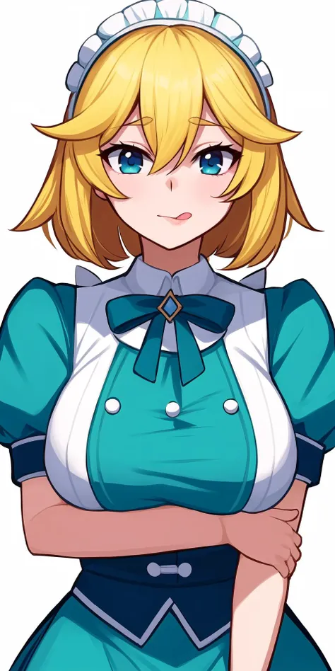 blonde_hair, (short_sleeves:1.2), toosaka_asagi, 1girl, seiken_gakuin_no_maken_tsukai, looking_at_viewer, official_art, tongue_out, maid, breasts, aqua_eyes, regina_mercedes, hair_between_eyes, two-tone_dress, tongue, solo, puffy_sleeves, medium_breasts, upper_body, puffy_short_sleeves, curvy<lora:peach:0.5>