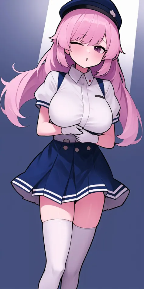 knees_together_feet_apart, military_hat, gloves, large_breasts, floating_hair, open_mouth, meninas_mcallon, white_shirt, long_hair, puffy_short_sleeves, miniskirt, white_headwear, soraao0322, puffy_sleeves, thighhighs, pink_hair, white_gloves, short_sleeves, fur_trim, (shirt:1.1)
<lora:almonds:0.7>