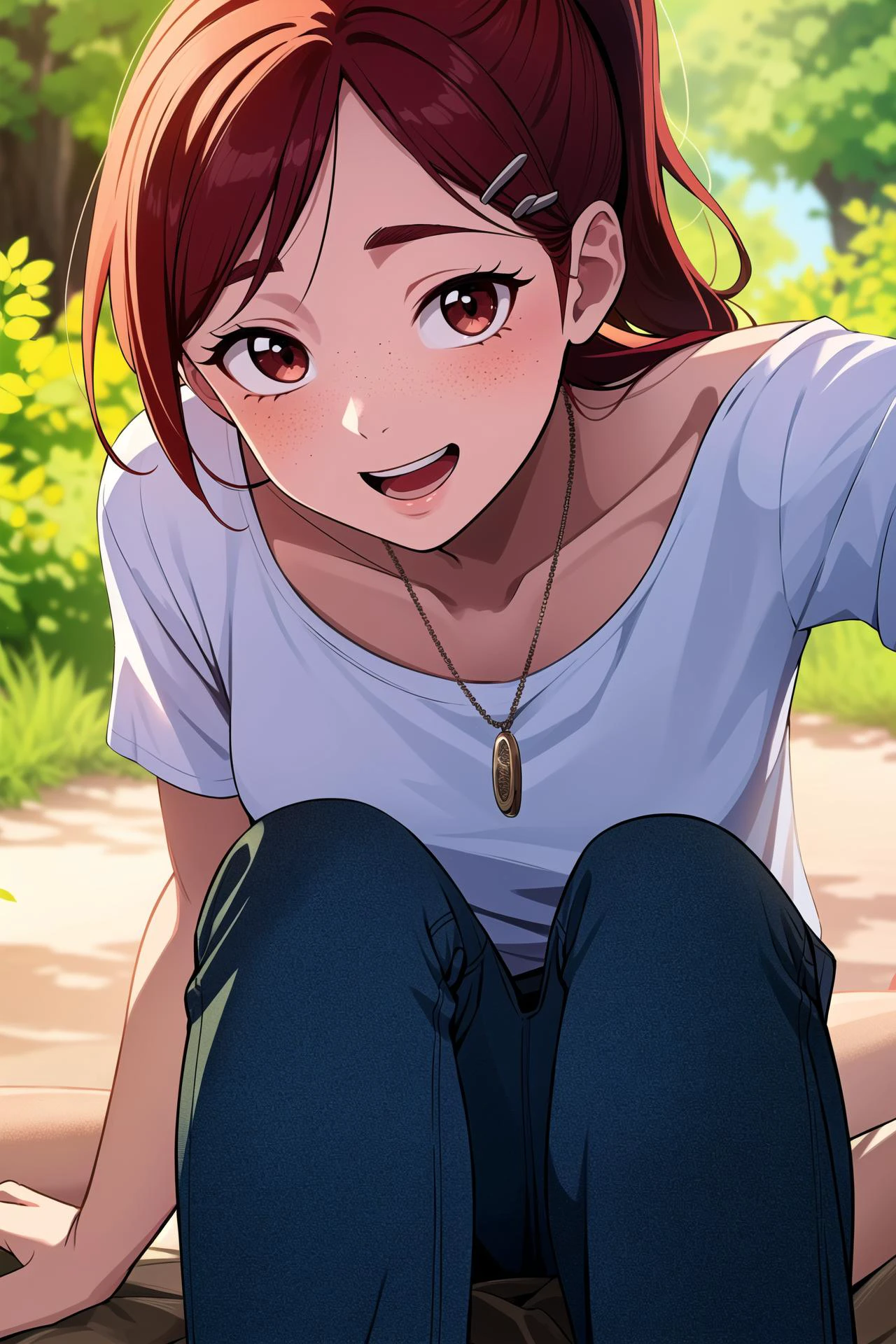 (masterpiece, best quality), 1girl, collarbone, wavy hair, looking at viewer, blurry foreground, feet out of frame, necklace, contemporary, plain pants, ((intricate, print, pattern)), ponytail, freckles, red hair, hairclip, dappled sunlight, open mouth, happy,