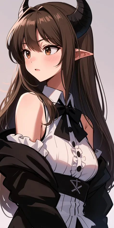 sleeveless shirt,ryu \(yanagi\),black bow,sketch background,pointy ears,long sleeves,solo,1girl,sideways mouth,black bowtie,grey background,blush,off shoulder,highres,shirt,brown eyes,absurdres,bow,white shirt,black jacket,long hair,bare shoulders,brown hair,black horns,frilled shirt collar,upper body,bowtie,looking to the side,frills,sleeveless,horns,v arms,jacket