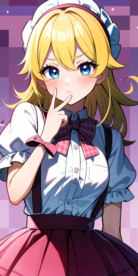 1girl, bangs, blonde_hair, blue_eyes, blush, bow, bowtie, breasts, eyebrows_visible_through_hair, hair_between_eyes, long_hair, looking_at_viewer, medium_breasts, pink_bow, pink_skirt, plaid, plaid_bow, plaid_shirt, puffy_short_sleeves, puffy_sleeves, shirt, short_sleeves, skirt, solo, suspender_skirt, suspenders, v, white_shirt