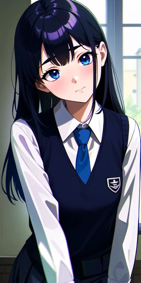 1girl, bangs, black_hair, blue_eyes, blue_necktie, blurry_background, blush, closed_mouth, collared_shirt, depth_of_field, eyebrows_visible_through_hair, long_hair, long_sleeves, looking_at_viewer, necktie, school_uniform, shirt, skirt, solo, sweater_vest, vest, white_shirt